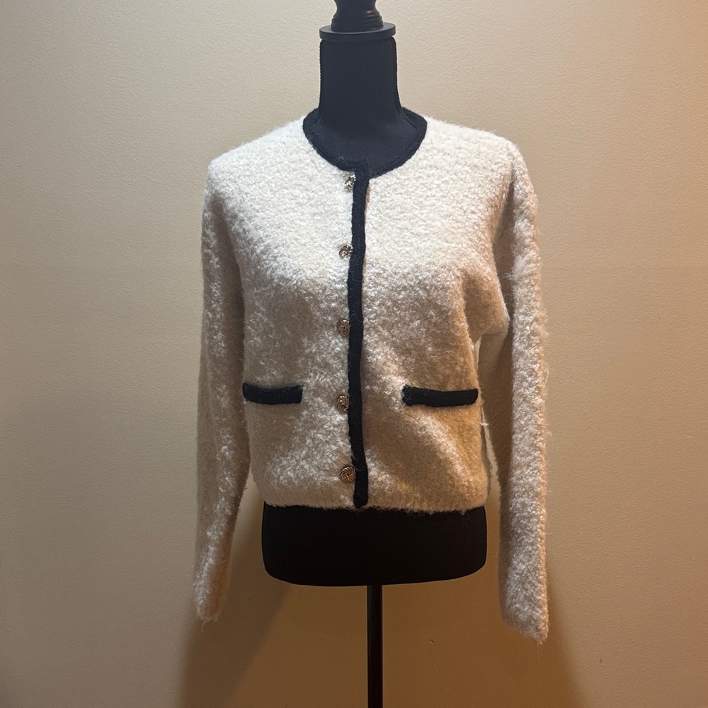 Line & Dot Cream Teddy Jacket with Black Trim
